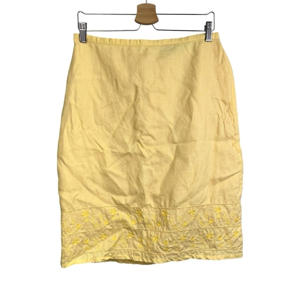 VTG Y2K‎ Old Navy Womens Linen Skirt sz 10 Butter Yellow Embroidered Floral